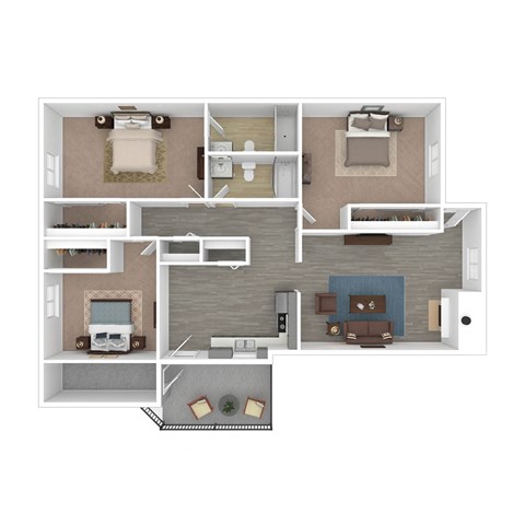 Floor plan for 3 beds, 2 baths, 1075 sqft